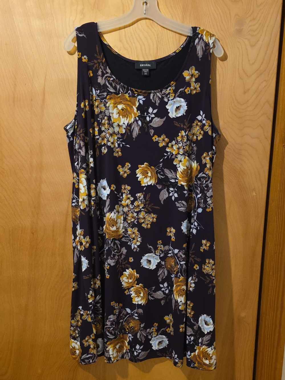 Karen Kane Sleeveless Floral Scoop Neck Dress -Eggplant, Mustard & Gray 2X